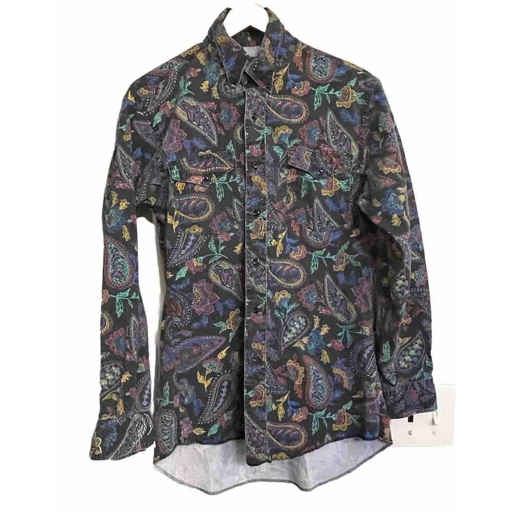 Wrangler Shirt Paisley Button Up Shirt Long Tail Western Rodeo USA Made 15-33
